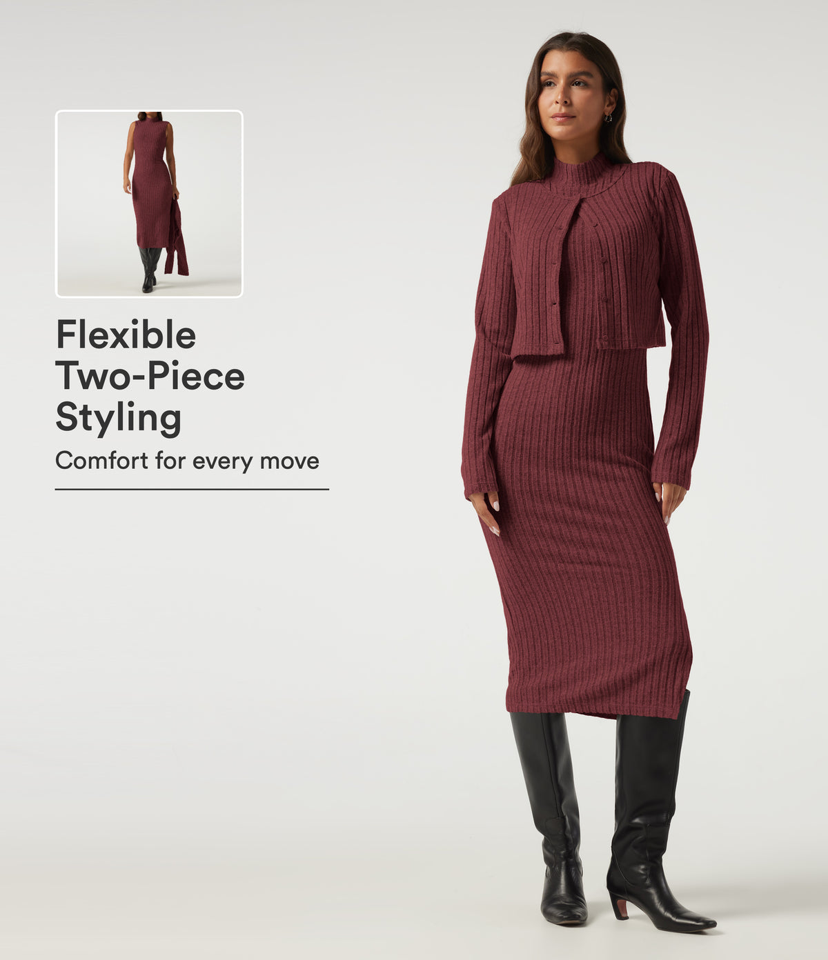 Mock Neck Long Sleeve 2 Piece Bodycon Work Midi Dress — Pomegranate — view 1