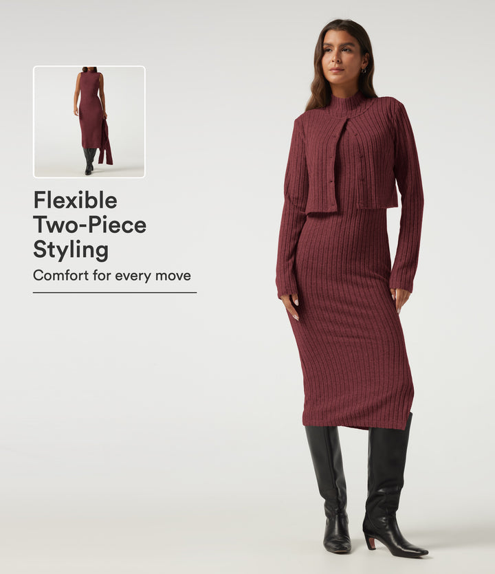 Mock Neck Long Sleeve 2 Piece Bodycon Work Midi Dress — Pomegranate — view 1