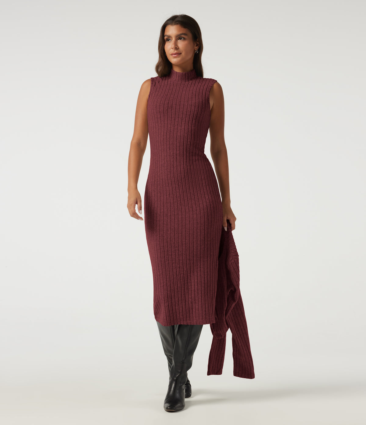 Mock Neck Long Sleeve 2 Piece Bodycon Work Midi Dress — Pomegranate — view 4