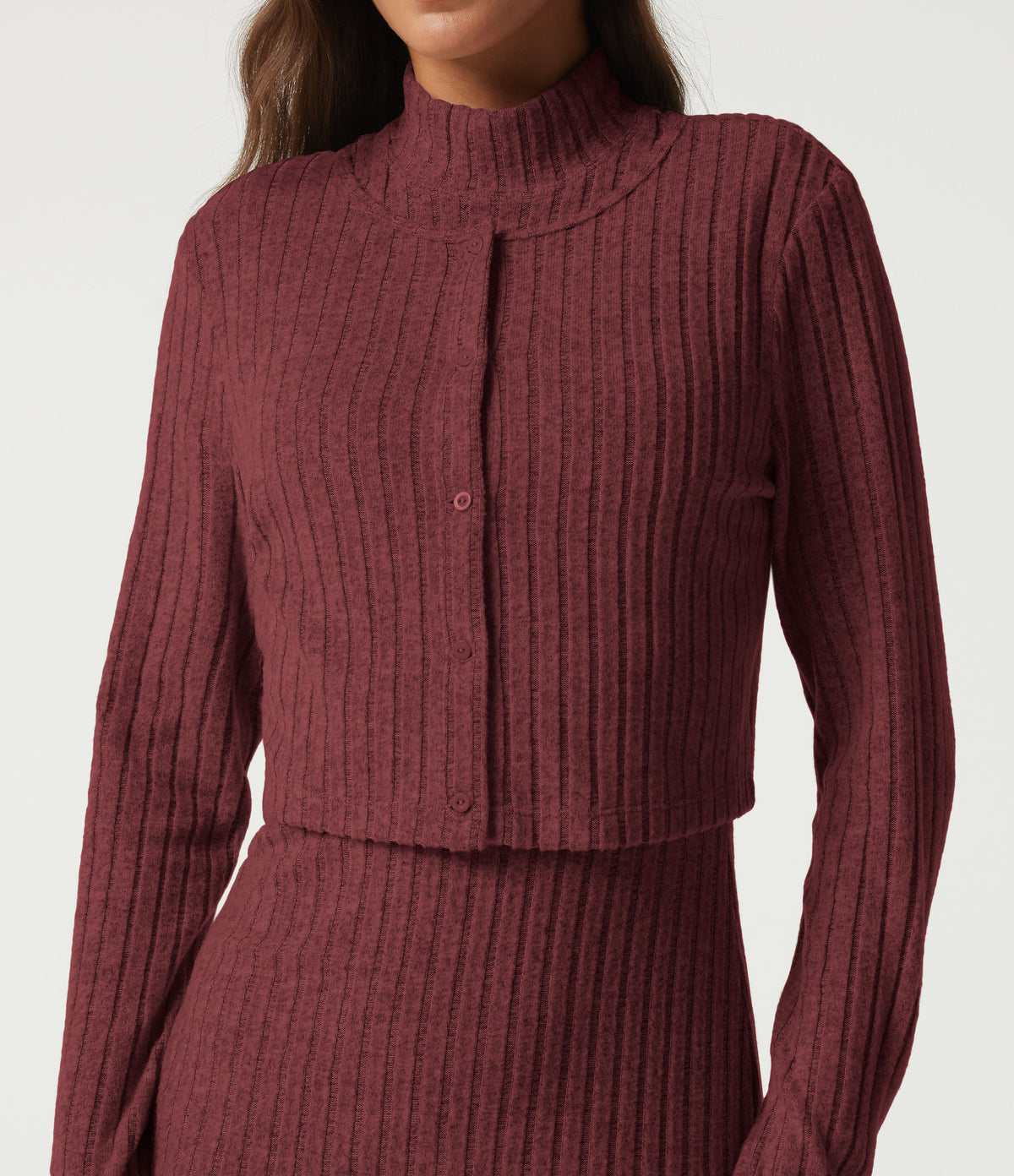 Mock Neck Long Sleeve 2 Piece Bodycon Work Midi Dress — Pomegranate — view 8