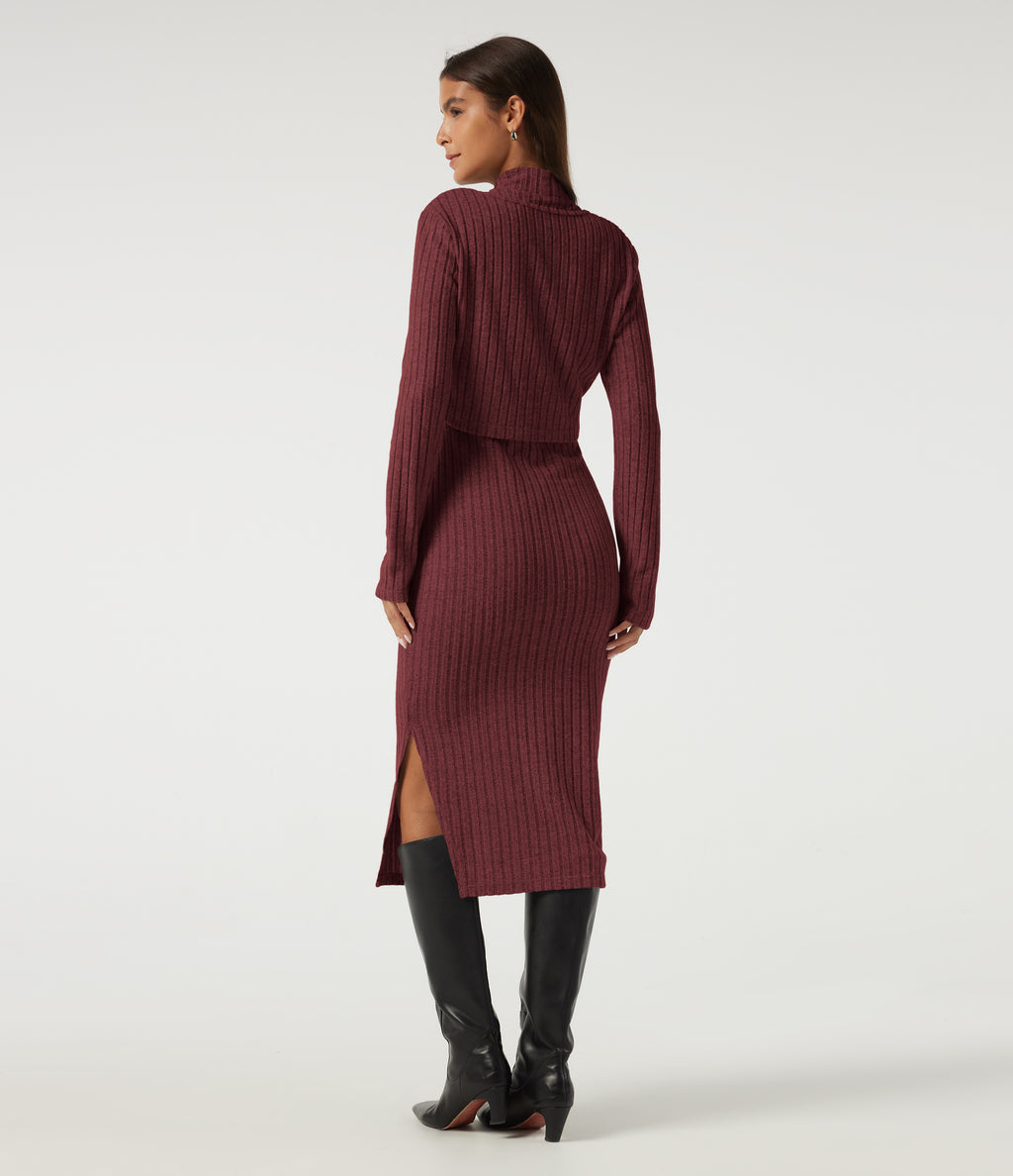 Mock Neck Long Sleeve 2 Piece Bodycon Work Midi Dress — Pomegranate — view 2