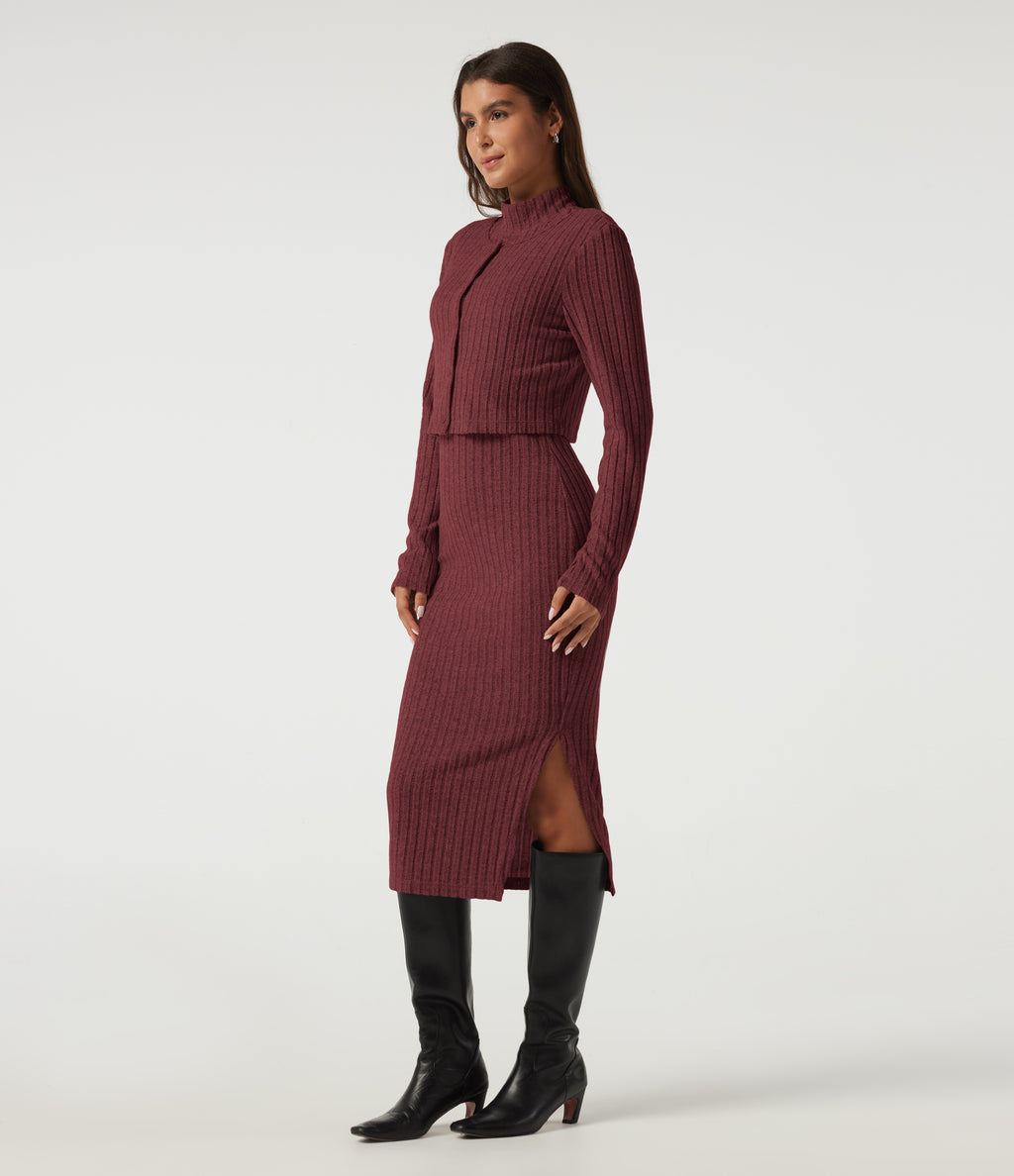 Mock Neck Long Sleeve 2 Piece Bodycon Work Midi Dress — Pomegranate — view 3