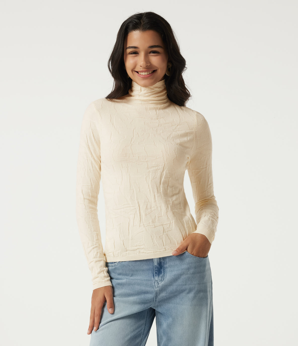 High Neck Long Sleeve Slim Work Jumper — Eggnog — view 1