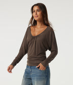 Scoop Neck Batwing Long Sleeve Slim Ruched Casual Top — Coffee Quartz — view 3
