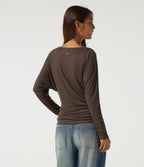 Scoop Neck Batwing Long Sleeve Slim Ruched Casual Top — Coffee Quartz — view 2
