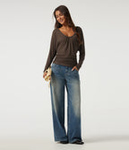 Scoop Neck Batwing Long Sleeve Slim Ruched Casual Top — Coffee Quartz — view 6