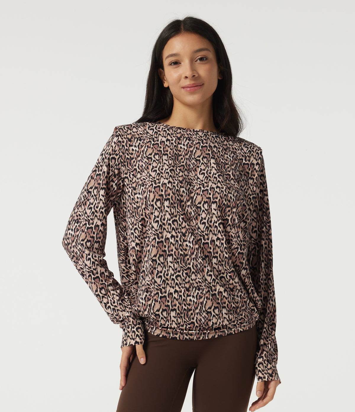 Round Neck Long Sleeve Boxy Leopard Print Pleated Workout Sports Top — Sahara Smoke Leopard — view 1