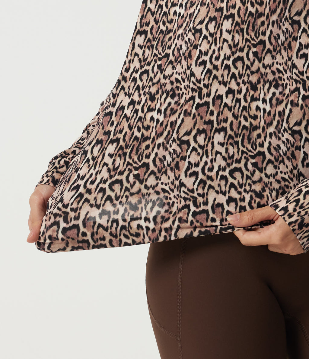 Round Neck Long Sleeve Boxy Leopard Print Pleated Workout Sports Top — Sahara Smoke Leopard — view 6