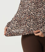 Round Neck Long Sleeve Boxy Leopard Print Pleated Workout Sports Top — Sahara Smoke Leopard — view 6