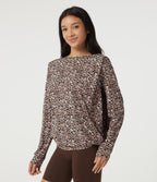 Round Neck Long Sleeve Boxy Leopard Print Pleated Workout Sports Top — Sahara Smoke Leopard — view 3