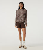 Round Neck Long Sleeve Boxy Leopard Print Pleated Workout Sports Top — Sahara Smoke Leopard — view 7
