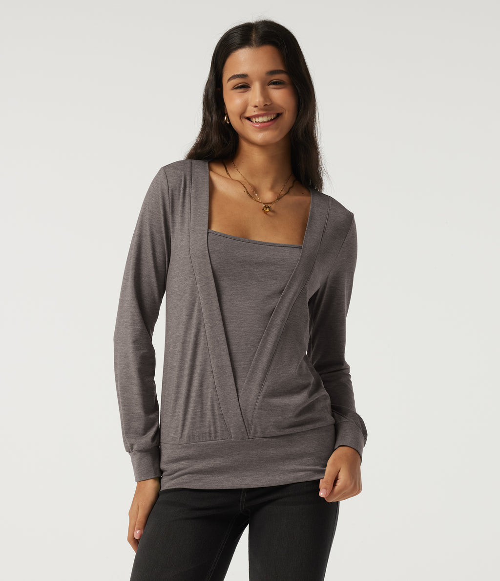 Square Neck Long Sleeve Casual Top — Earthwood Brown — view 5