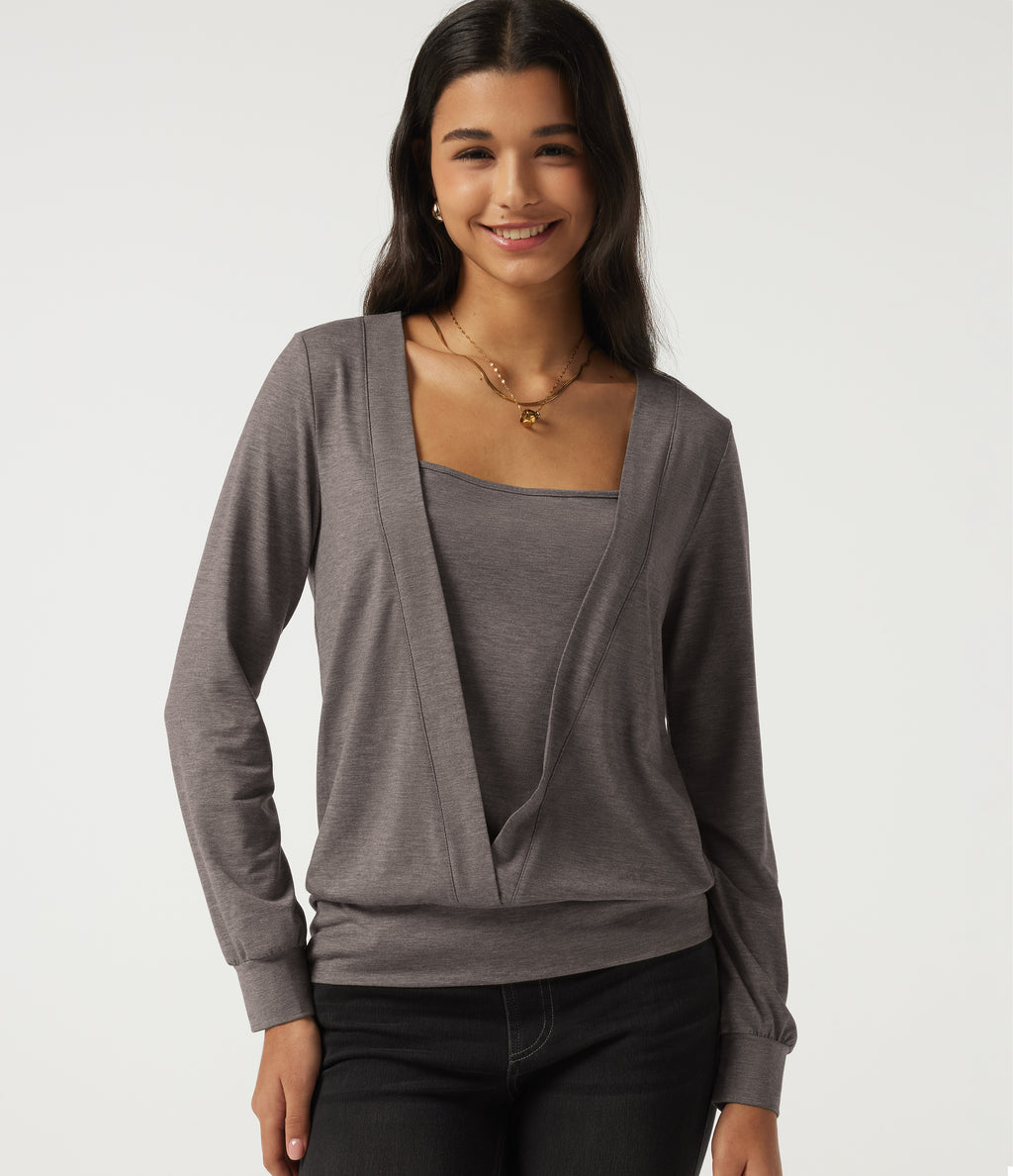Square Neck Long Sleeve Casual Top — Earthwood Brown — view 1