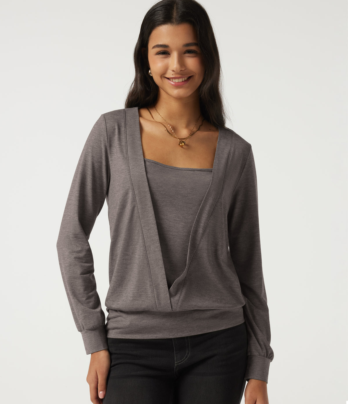 Square Neck Long Sleeve Casual Top — Earthwood Brown — view 1