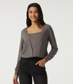 Square Neck Long Sleeve Casual Top — Earthwood Brown — view 4
