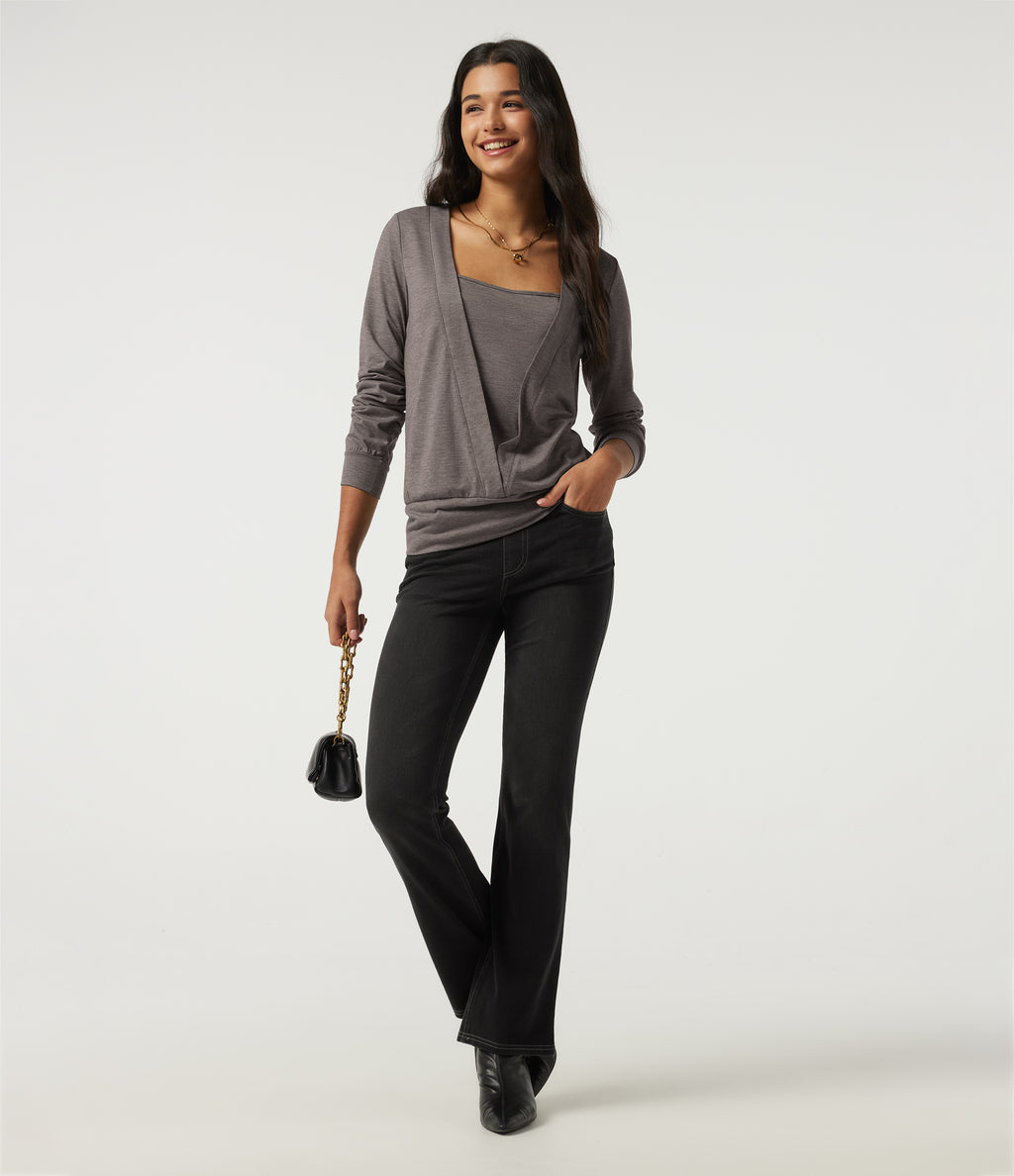 Square Neck Long Sleeve Casual Top — Earthwood Brown — view 8