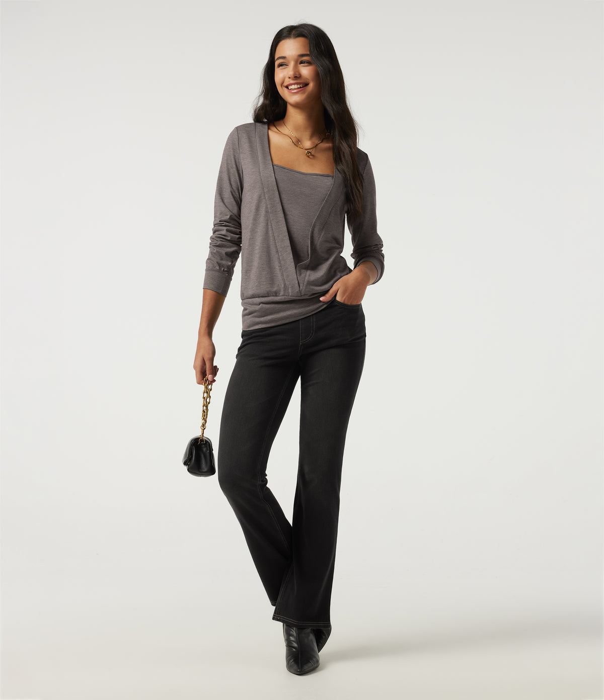 Square Neck Long Sleeve Casual Top — Earthwood Brown — view 8