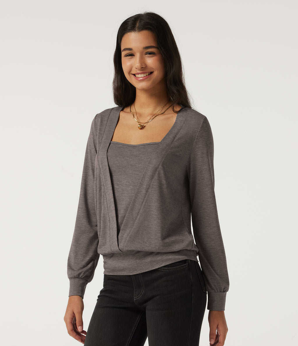 Square Neck Long Sleeve Casual Top — Earthwood Brown — view 3