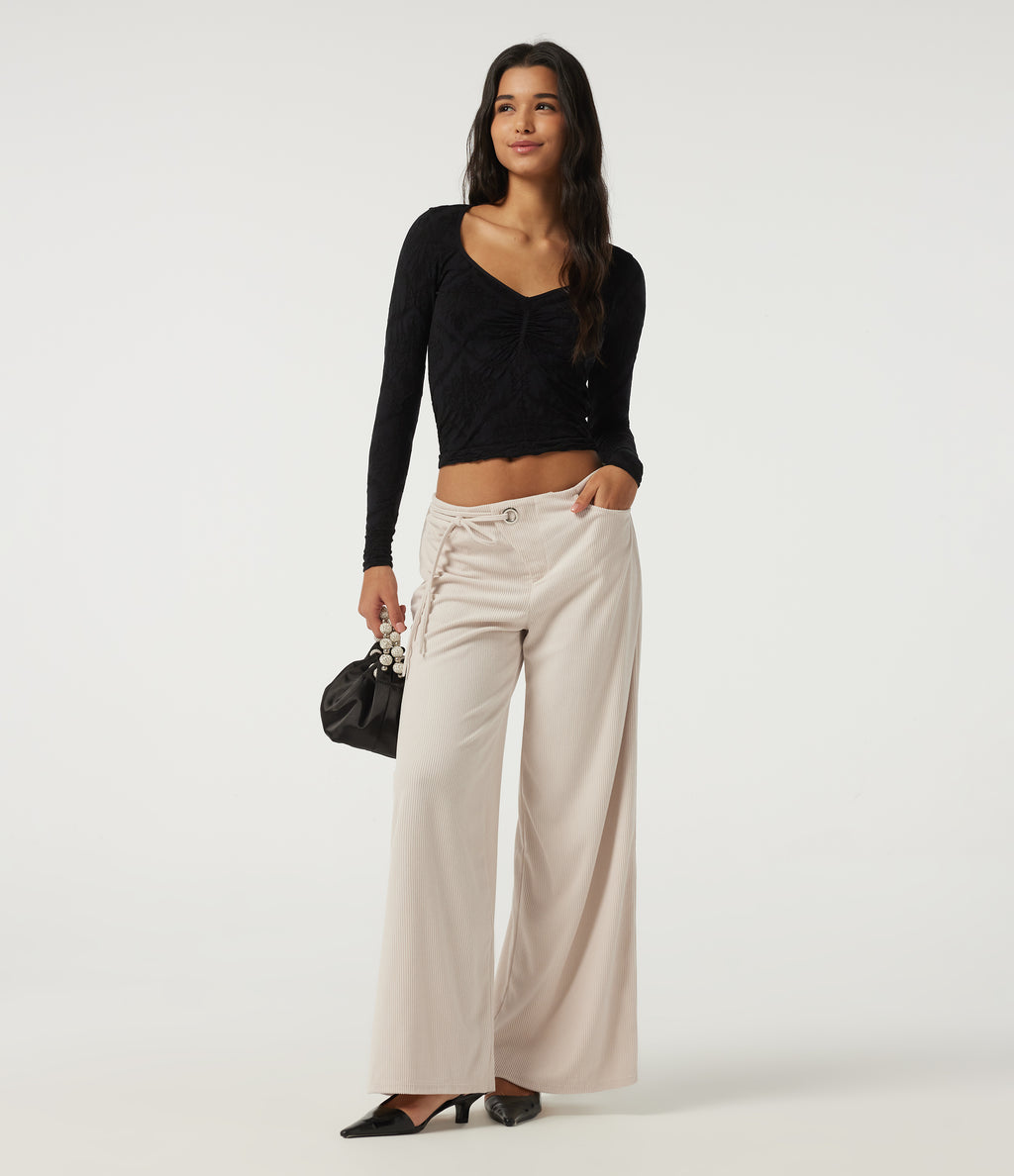 Low Rise Wide Leg Lace Up Corduroy Casual Trousers with Pockets — White — view 7