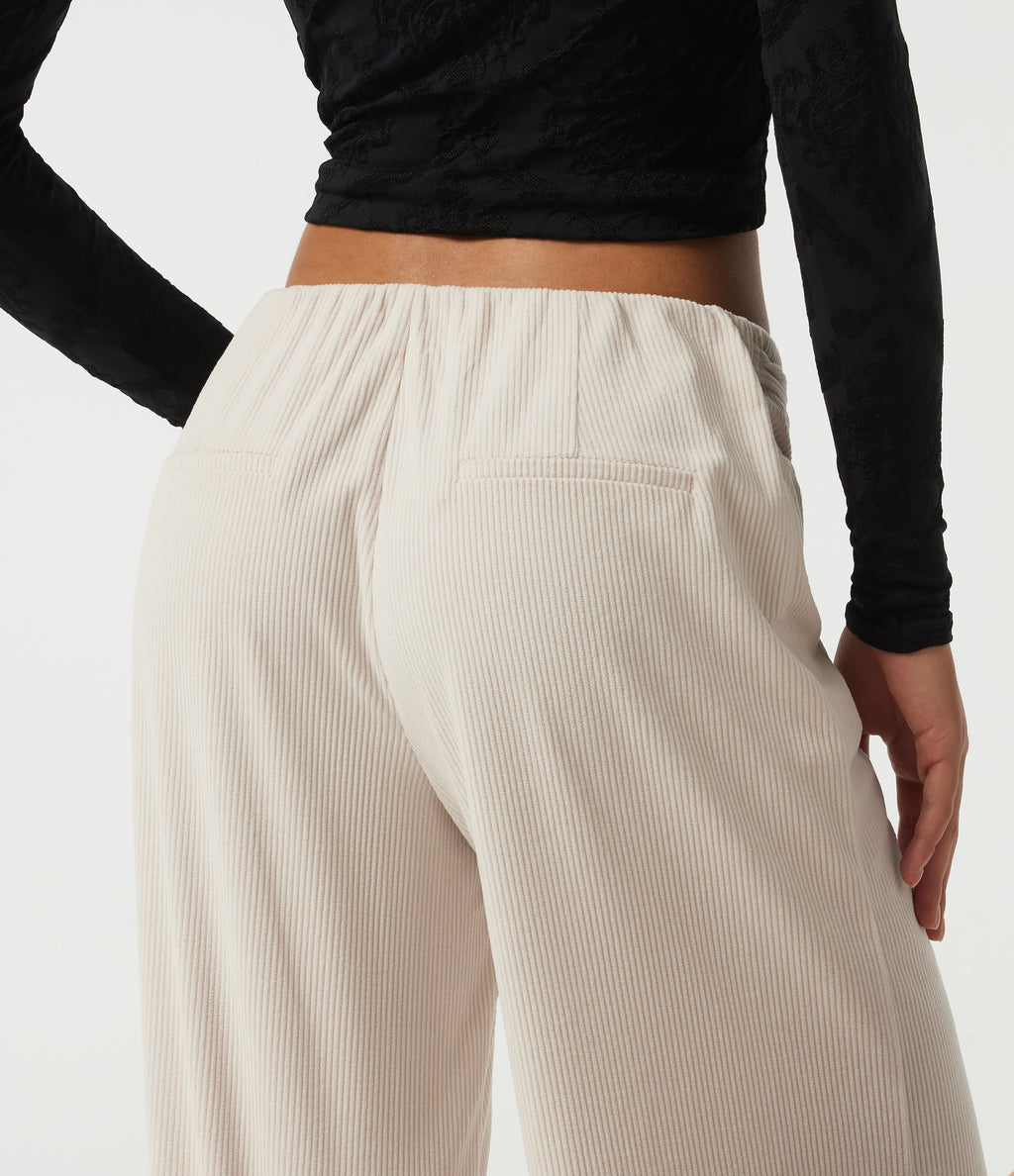 Low Rise Wide Leg Lace Up Corduroy Casual Trousers with Pockets — White — view 5