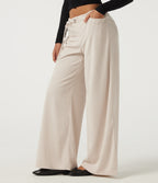 Low Rise Wide Leg Lace Up Corduroy Casual Trousers with Pockets — White — view 3