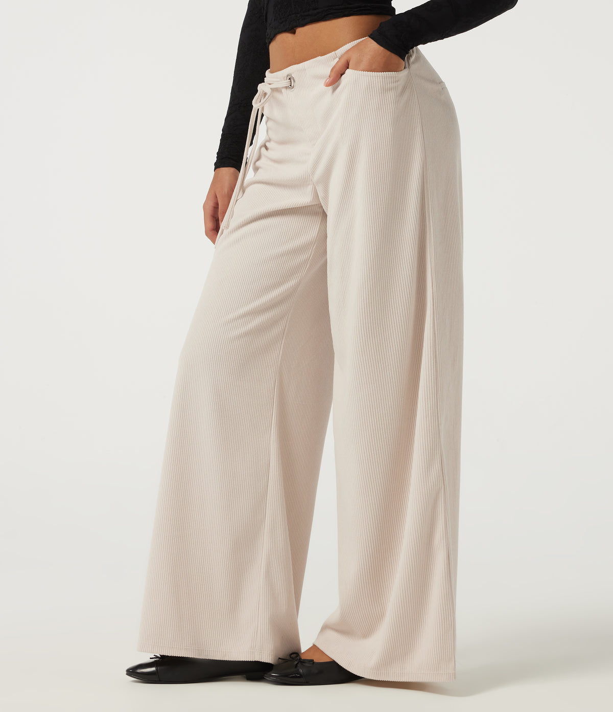 Low Rise Wide Leg Lace Up Corduroy Casual Trousers with Pockets — White — view 3