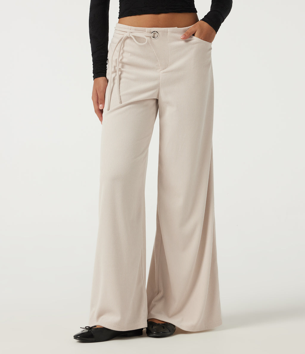 Low Rise Wide Leg Lace Up Corduroy Casual Trousers with Pockets — White — view 1
