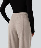 Ribbed Knit High Waisted Drawstring Wide Leg Casual Trousers with Pockets — Oatstone Beige — view 5