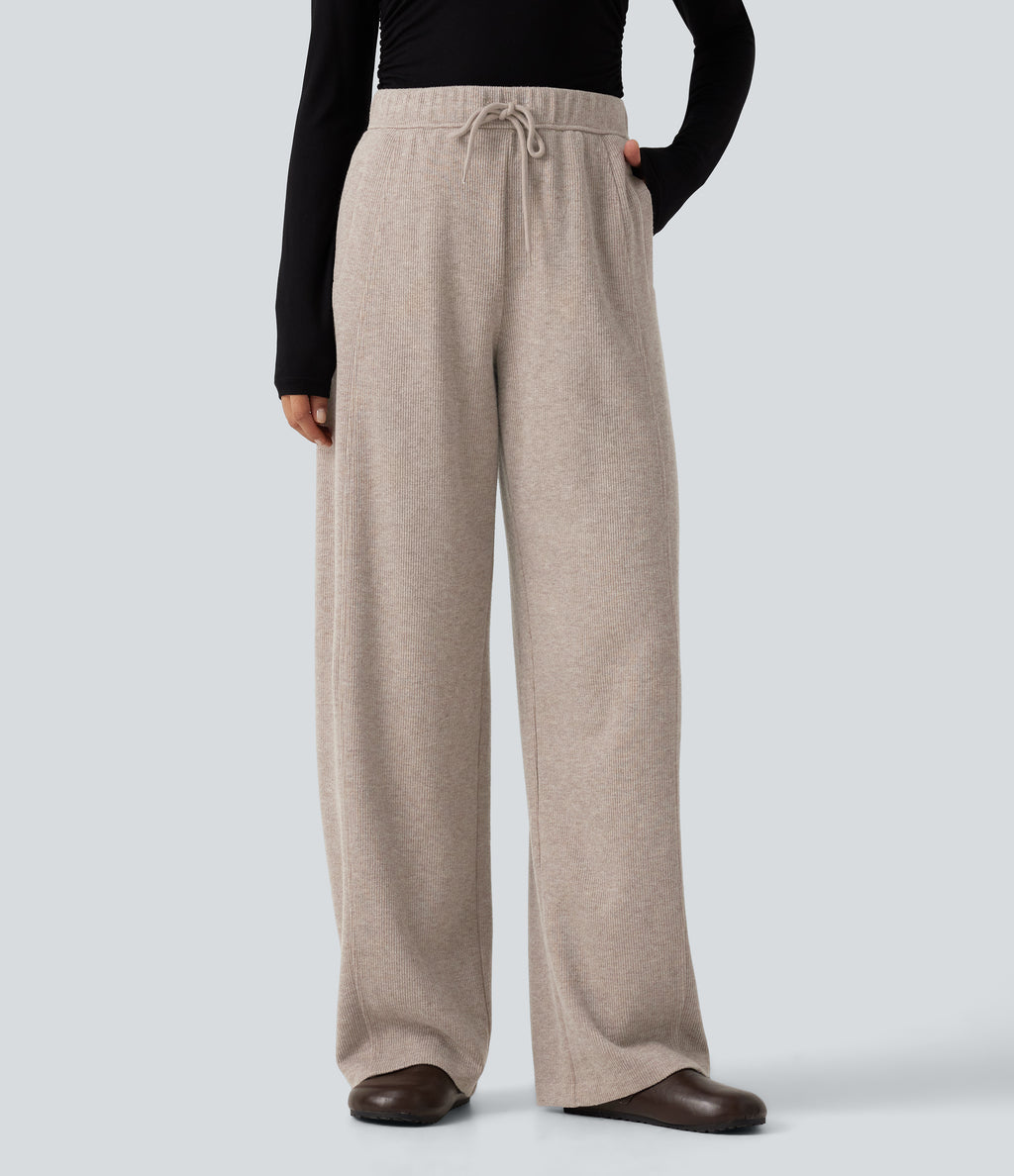 Ribbed Knit High Waisted Drawstring Wide Leg Casual Trousers with Pockets — Oatstone Beige — view 1