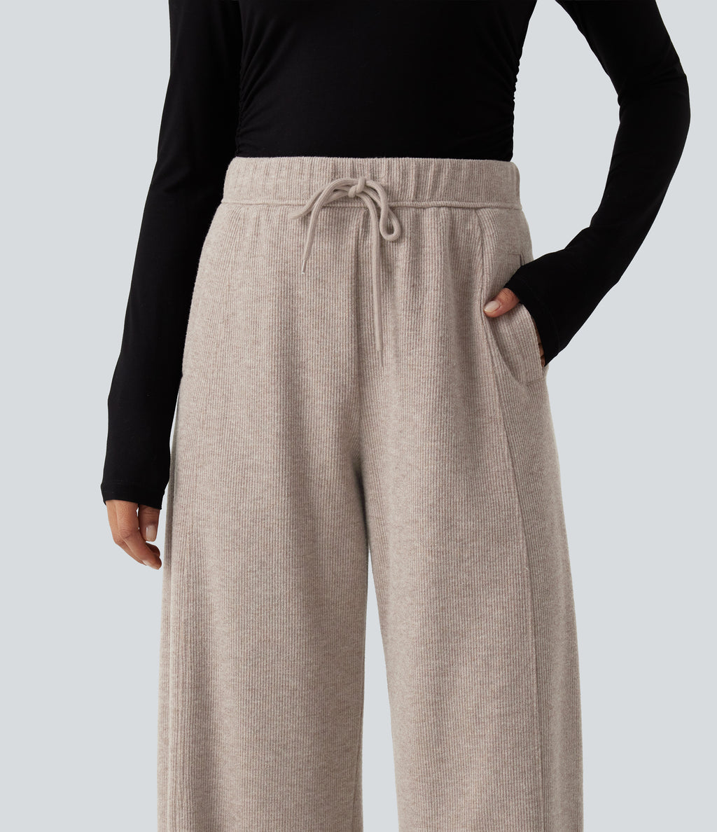 Ribbed Knit High Waisted Drawstring Wide Leg Casual Trousers with Pockets — Oatstone Beige — view 4