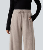 Ribbed Knit High Waisted Drawstring Wide Leg Casual Trousers with Pockets — Oatstone Beige — view 4