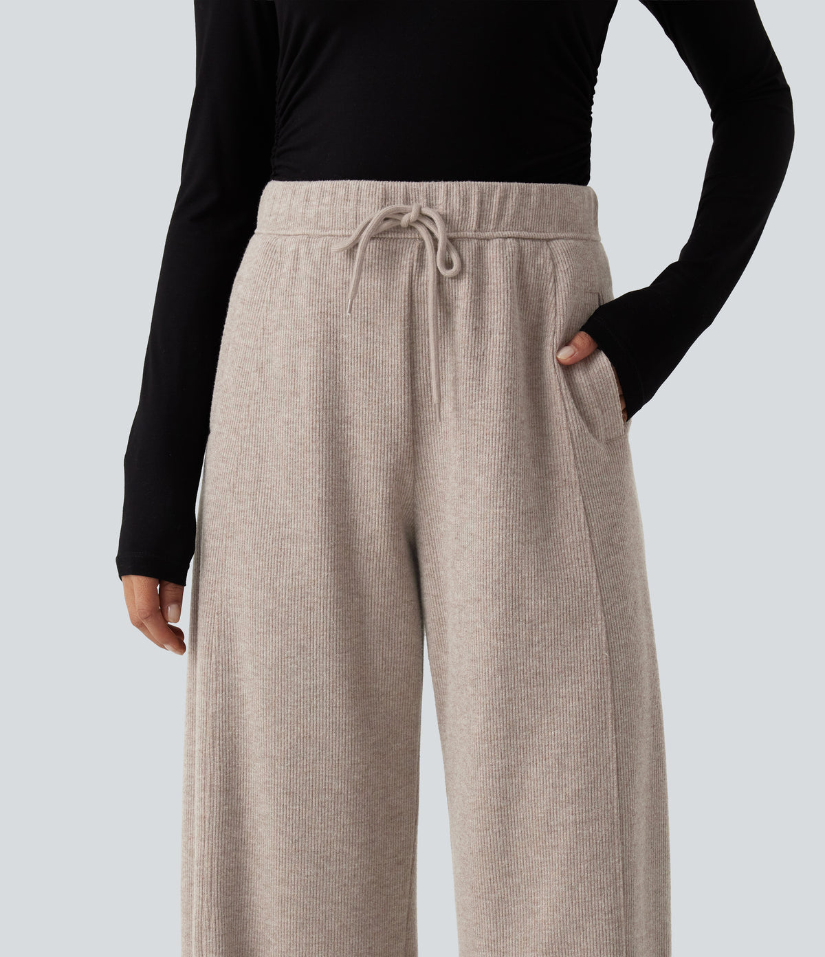 Ribbed Knit High Waisted Drawstring Wide Leg Casual Trousers with Pockets — Oatstone Beige — view 4