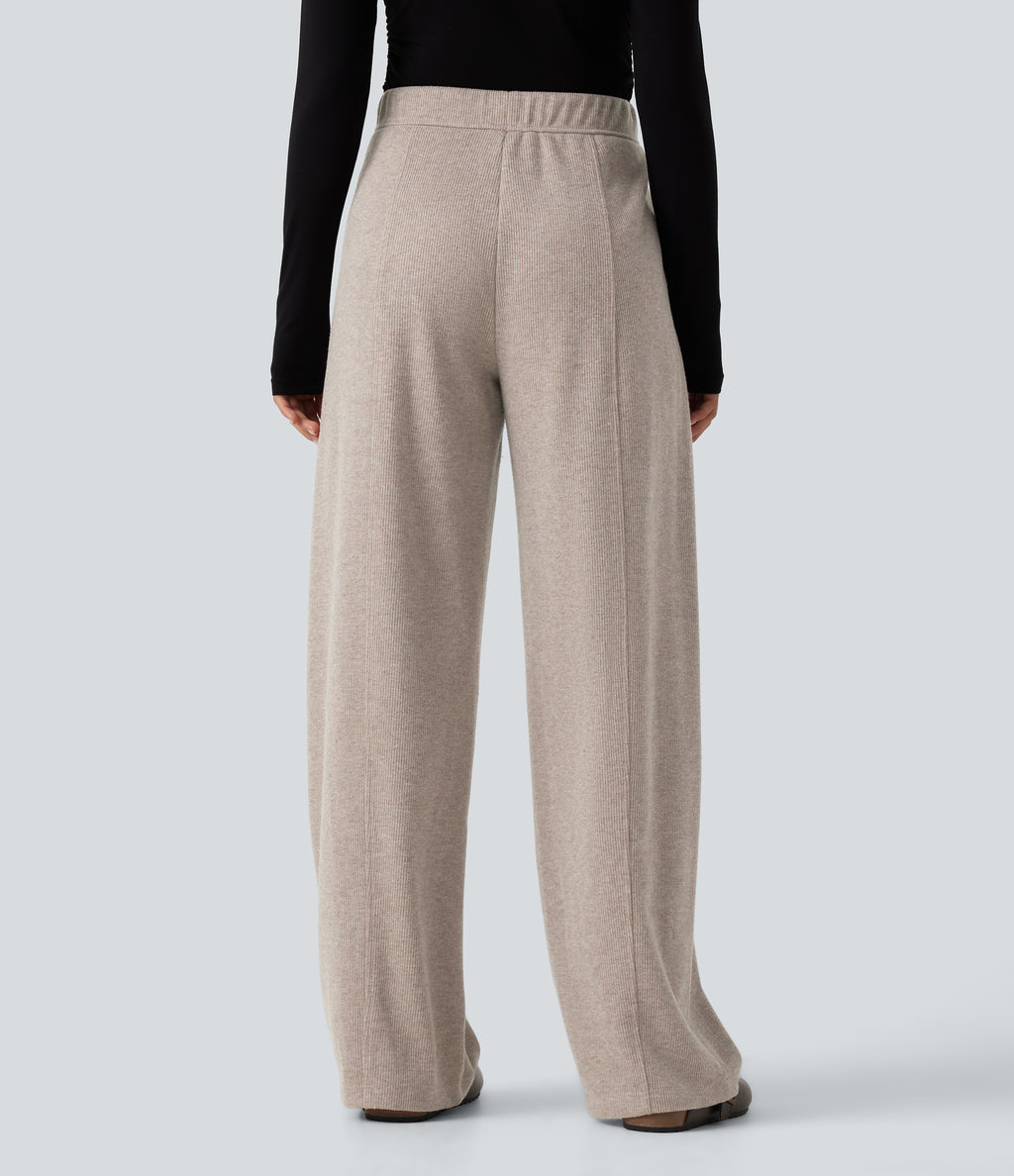 Ribbed Knit High Waisted Drawstring Wide Leg Casual Trousers with Pockets — Oatstone Beige — view 2