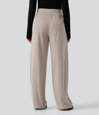 Ribbed Knit High Waisted Drawstring Wide Leg Casual Trousers with Pockets — Oatstone Beige — view 2