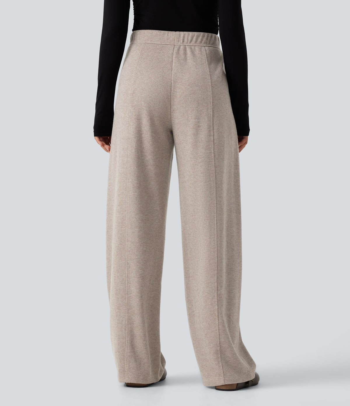 Ribbed Knit High Waisted Drawstring Wide Leg Casual Trousers with Pockets — Oatstone Beige — view 2