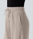 Ribbed Knit High Waisted Drawstring Wide Leg Casual Trousers with Pockets — Oatstone Beige — view 6
