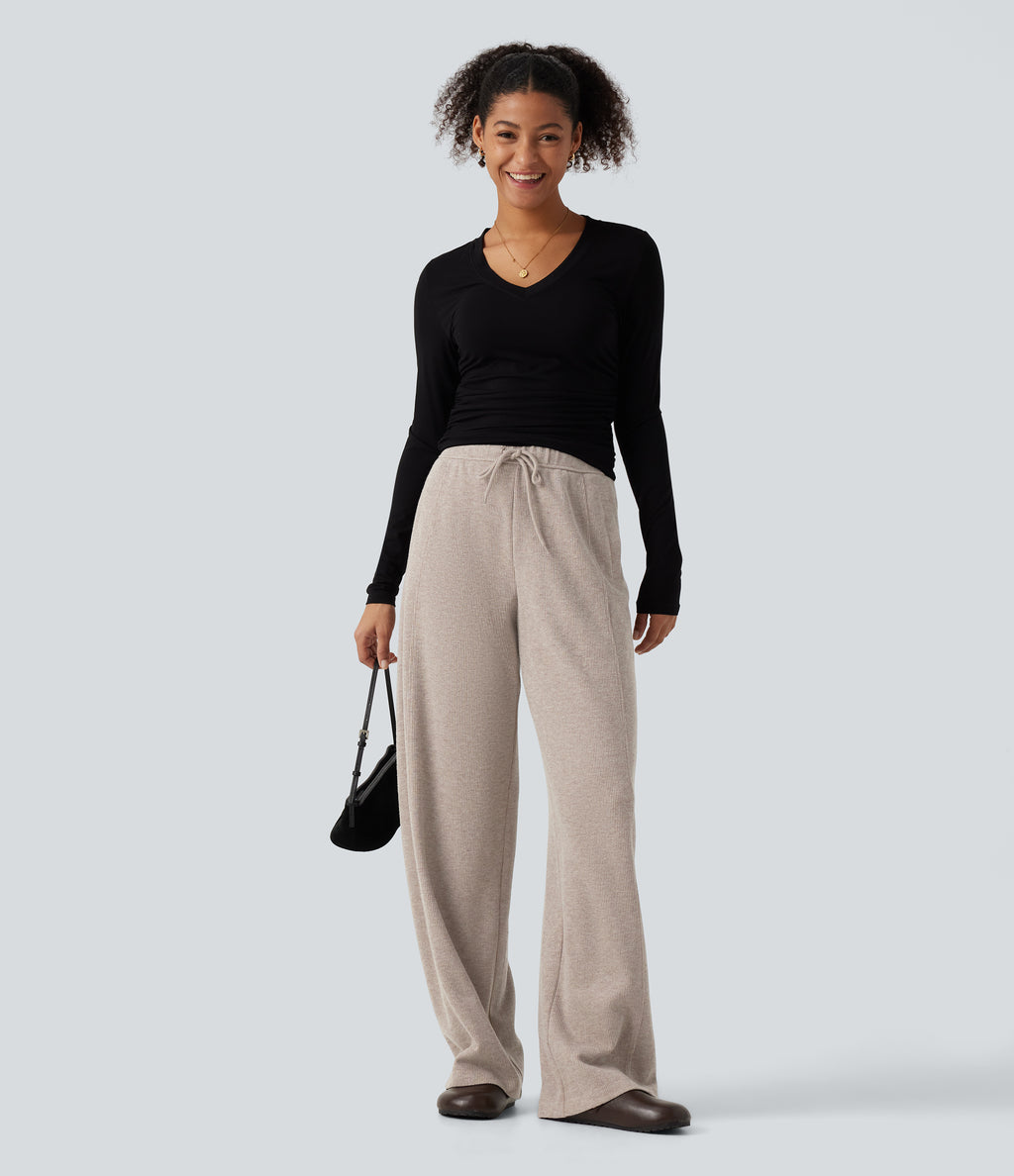 Ribbed Knit High Waisted Drawstring Wide Leg Casual Trousers with Pockets — Oatstone Beige — view 7