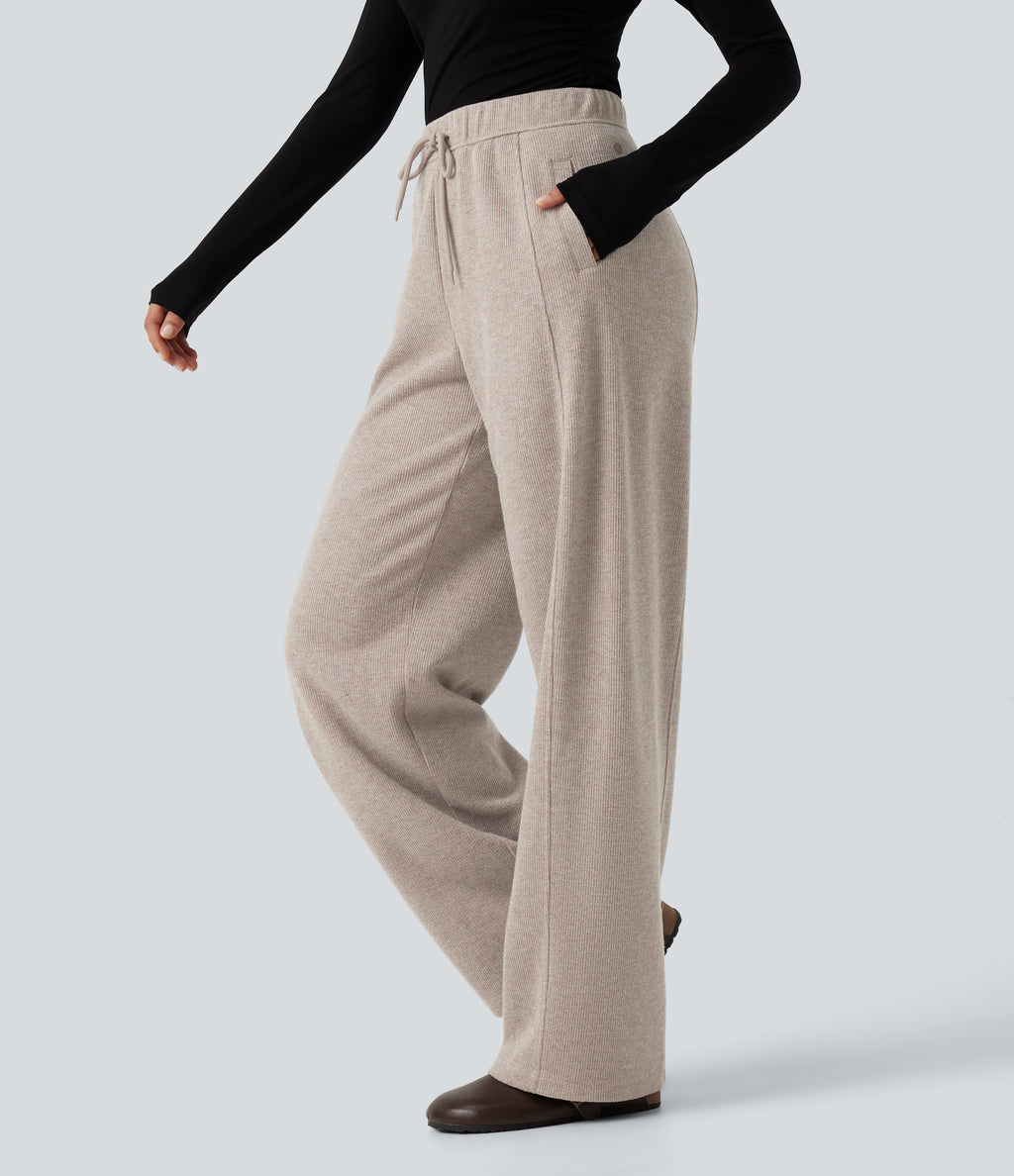 Ribbed Knit High Waisted Drawstring Wide Leg Casual Trousers with Pockets — Oatstone Beige — view 3