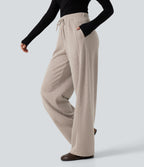 Ribbed Knit High Waisted Drawstring Wide Leg Casual Trousers with Pockets — Oatstone Beige — view 3