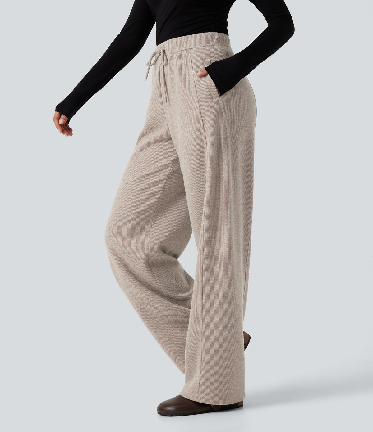 Ribbed Knit High Waisted Drawstring Wide Leg Casual Trousers with Pockets — Oatstone Beige — view 3