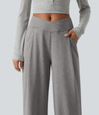 High Waisted Crossover Heathered Wide Leg Casual Trousers with Pockets — Fog Gray — view 4