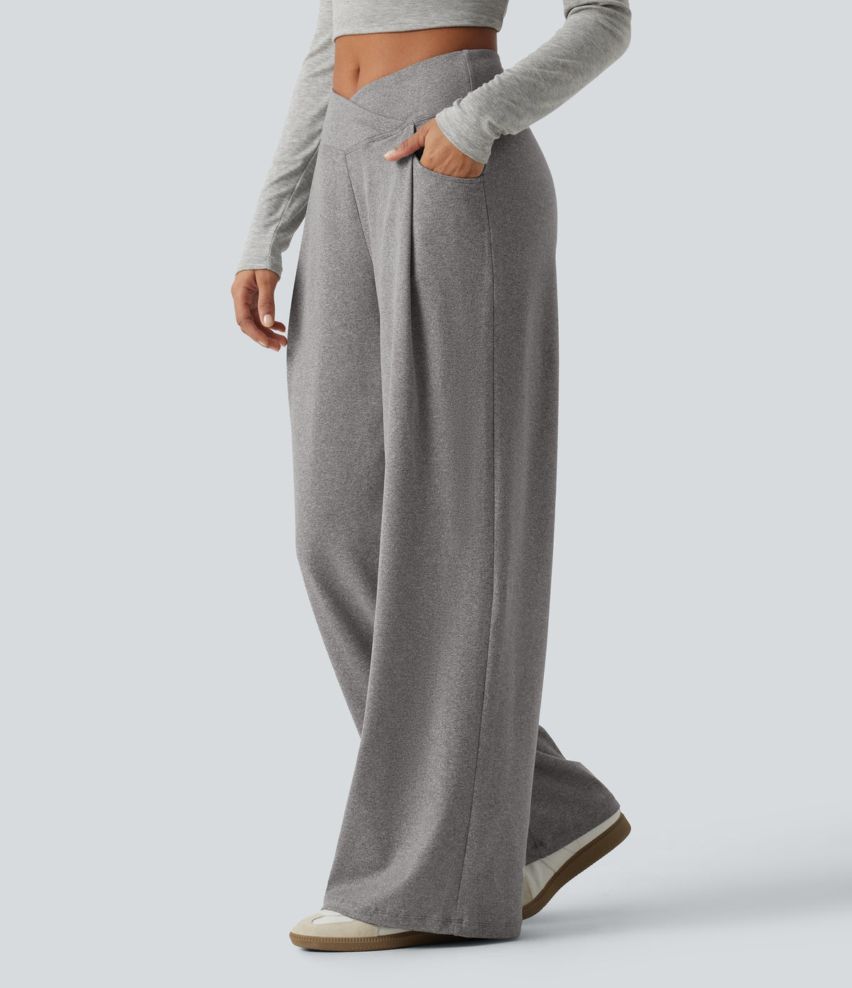 High Waisted Crossover Heathered Wide Leg Casual Trousers with Pockets — Fog Gray — view 3
