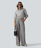 High Waisted Crossover Heathered Wide Leg Casual Trousers with Pockets — Fog Gray — view 6