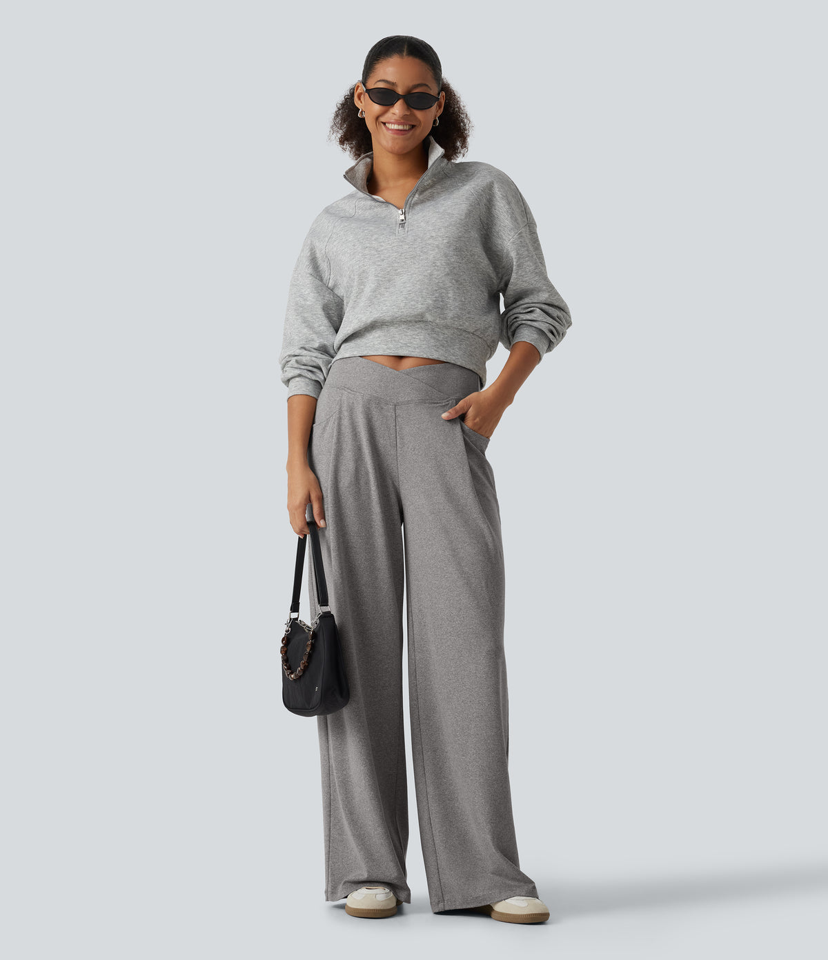High Waisted Crossover Heathered Wide Leg Casual Trousers with Pockets — Fog Gray — view 6