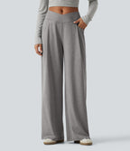 High Waisted Crossover Heathered Wide Leg Casual Trousers with Pockets — Fog Gray — view 1