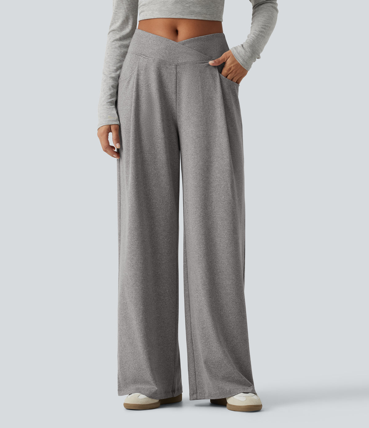 High Waisted Crossover Heathered Wide Leg Casual Trousers with Pockets — Fog Gray — view 1