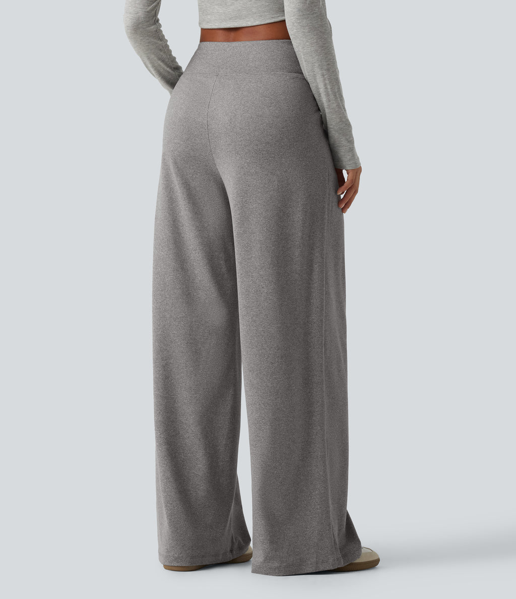 High Waisted Crossover Heathered Wide Leg Casual Trousers with Pockets — Fog Gray — view 2