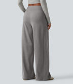 High Waisted Crossover Heathered Wide Leg Casual Trousers with Pockets — Fog Gray — view 2