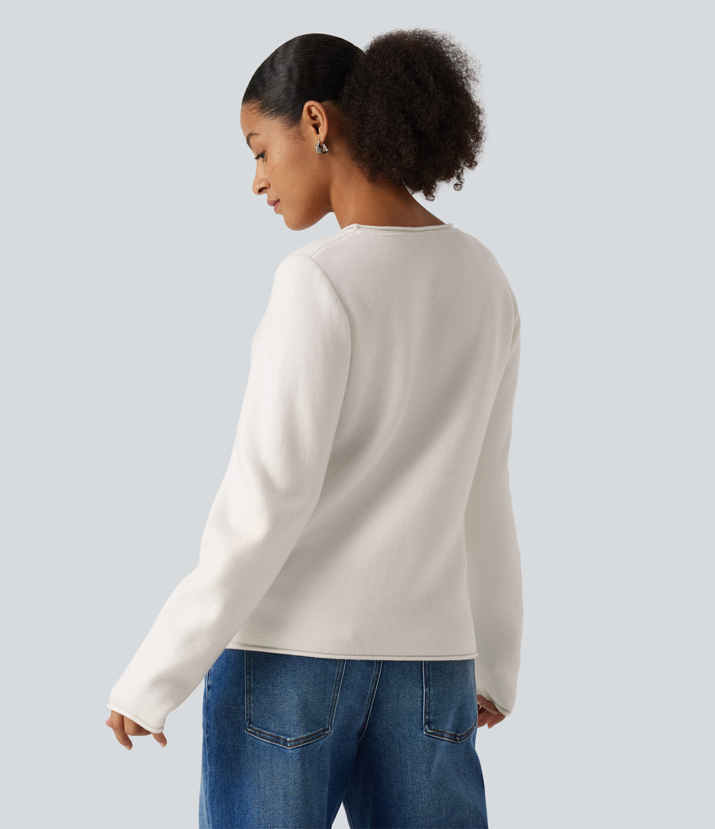 Round Neck Dropped Shoulder Long Sleeve Sweater — White — view 2