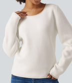 Round Neck Dropped Shoulder Long Sleeve Sweater — White — view 6